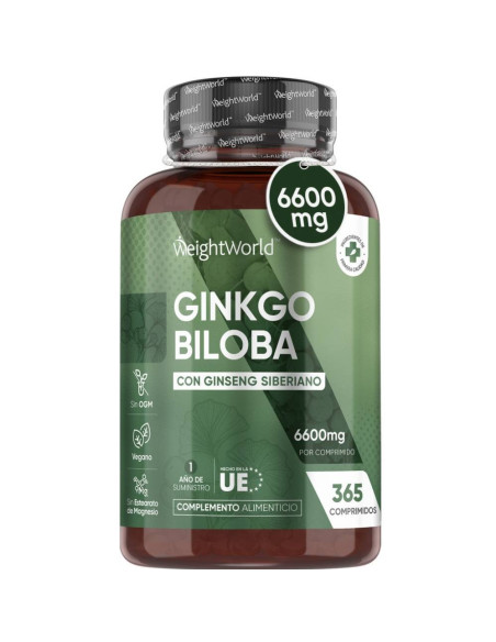 WeightWorld Ginkgo Biloba 6600 mg – 365 Comprimidos para Memória e Foco
