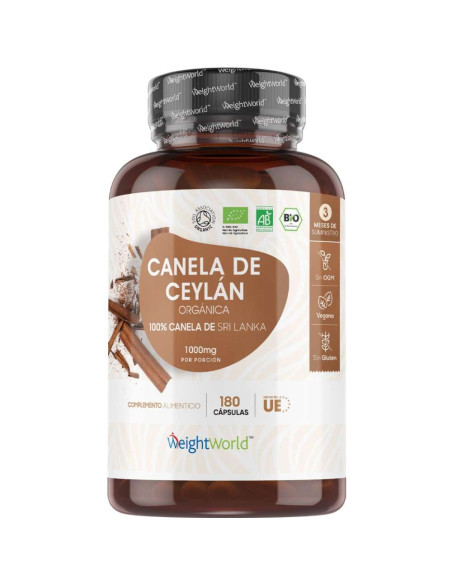 WeightWorld Canela de Ceilão Orgânica 1000 mg – Açúcar no Sangue, 180 Cápsulas