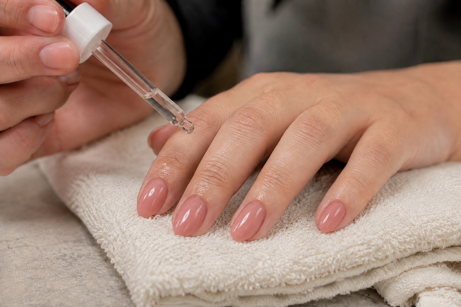 Aplicação de óleo de cutículas em unhas de gel rosa nude