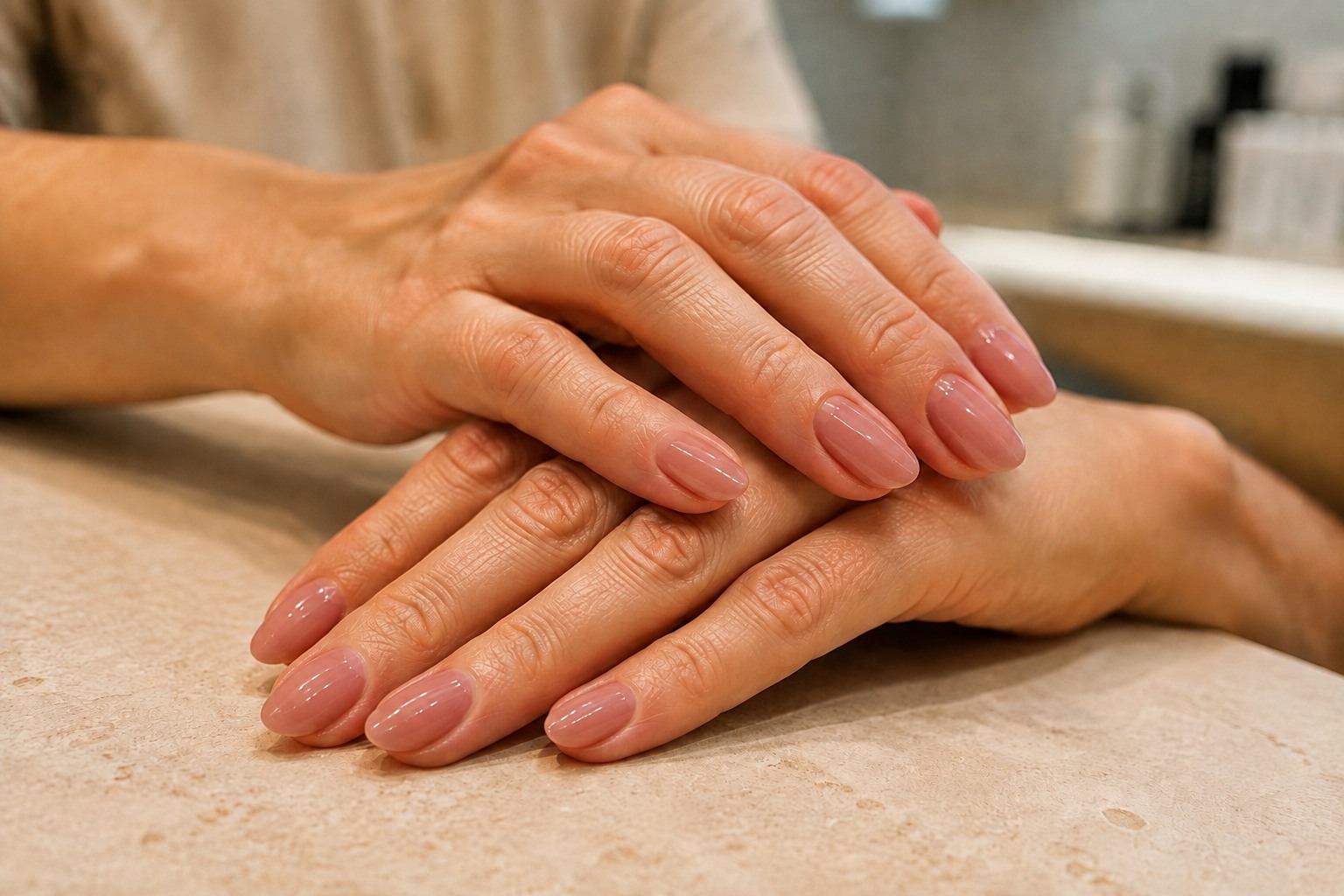 Unhas de gel rosa nude com acabamento brilhante