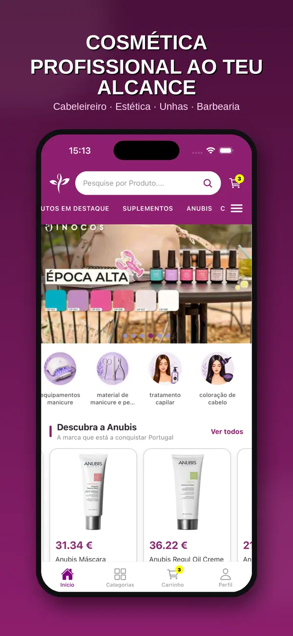 Imagem oficial da app Pluxo Cosméticos: página inicial com pesquisa, categorias e produtos